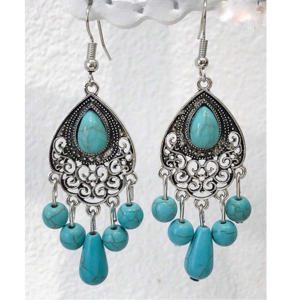 Silver/Turquoise Gem Boho Drop Earrings - Picture 2 of 4